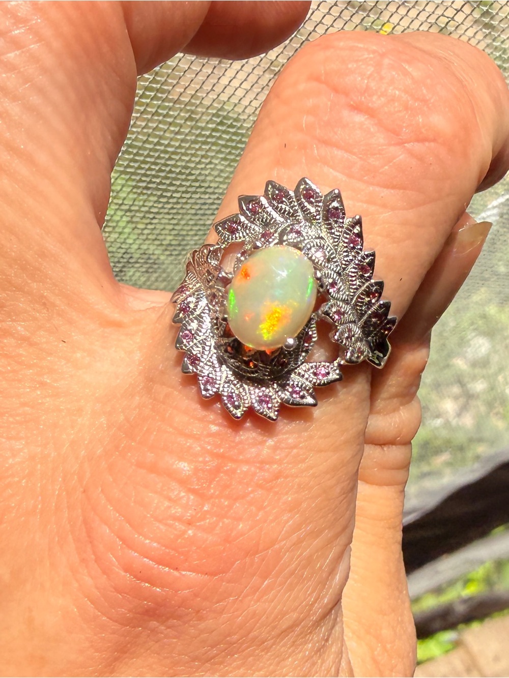 Natural Fire Opal & Rhodolite
 Leaf Halo Ring Sz9